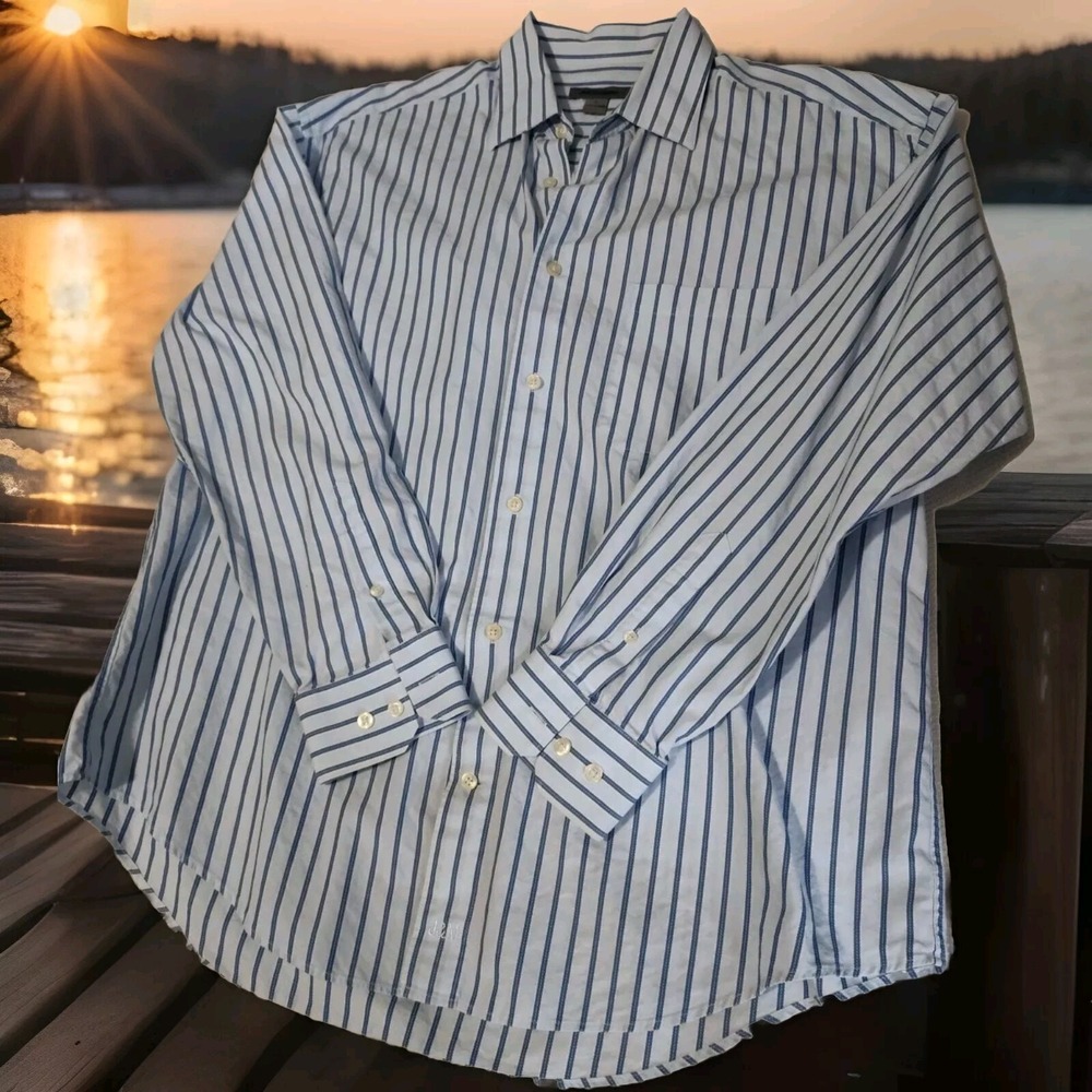 Johnson & Murphy Mens Large Blue Striped Button Long Sleeve Cotton‎ Shirt 1107